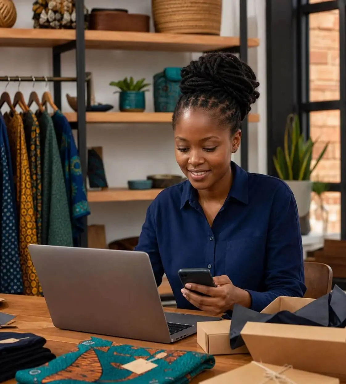 A Zimbabwean small-business owner working on her online storefront from her studio